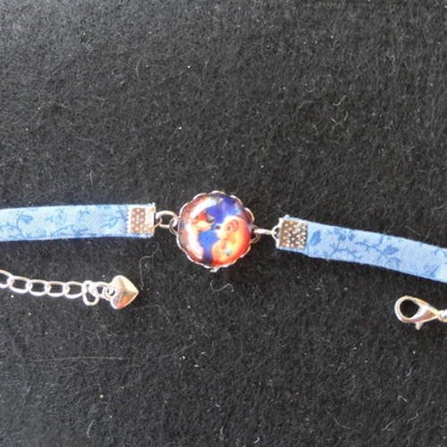 N°80 bracelet enfant cabochon 16 mm couple de chiens   tissu motif  branche bleu 