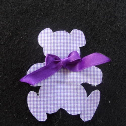N°70 barrette clip clap ourson  tissu vichy violet et blanc petit nœud  satin violet 