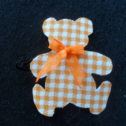 N°70 barrette clip clap ourson  tissu vichy orange et blanc petit nœud  organza orange 