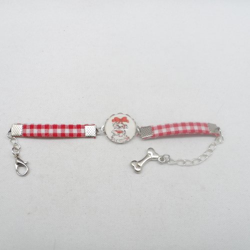 N°80 bracelet enfant cabochon 16 mm chien dalmatien tissu vichy rouge et blanc 