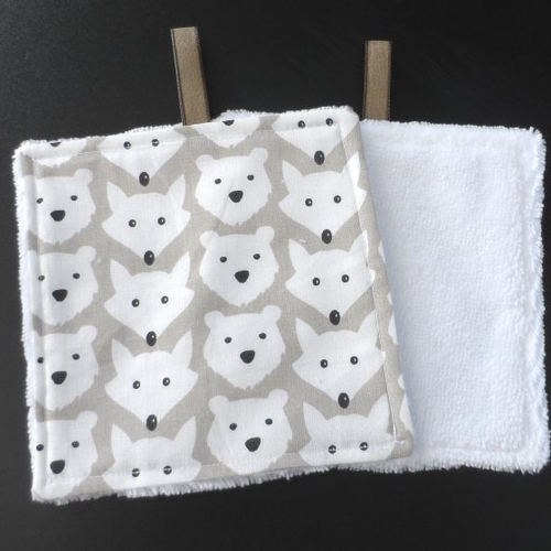 N°6  2 lingettes  bébé lavables une face coton renard  ours blancs fond beige une face éponge  bambou  blanche