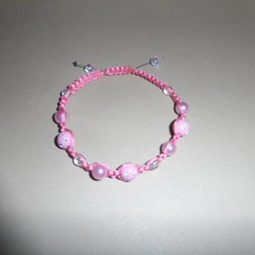 N°76 bracelet  shamballa perles pois  rose  perles transparentes cordelette rose adulte n°29