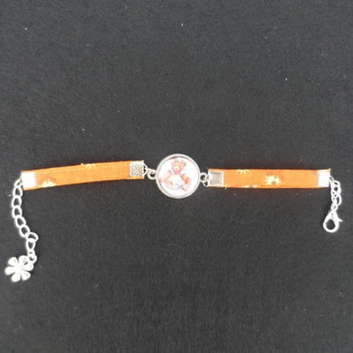 N°80 bracelet enfant cabochon 16mm ourson tissu fond orange fleurs 