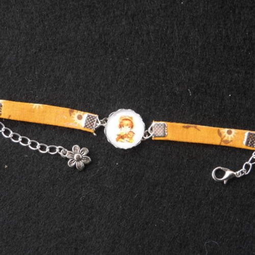 N°80 bracelet enfant cabochon 16mm sarah kay tissu fond orange fleurs 