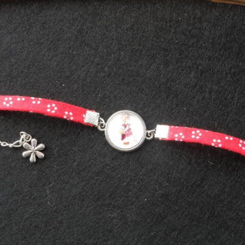 N°80 bracelet enfant cabochon 16 mm  sarah kay  tissu fond rouge à fleurs 