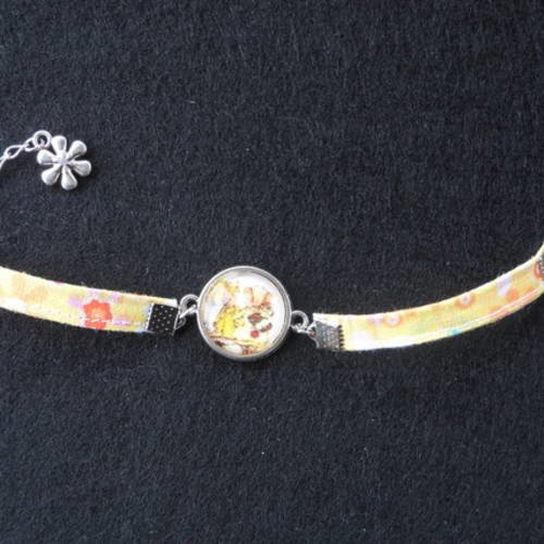 N°80 bracelet enfant cabochon 16 mm  sarah kay  tissu fleurs jaune orange  breloque fleur 