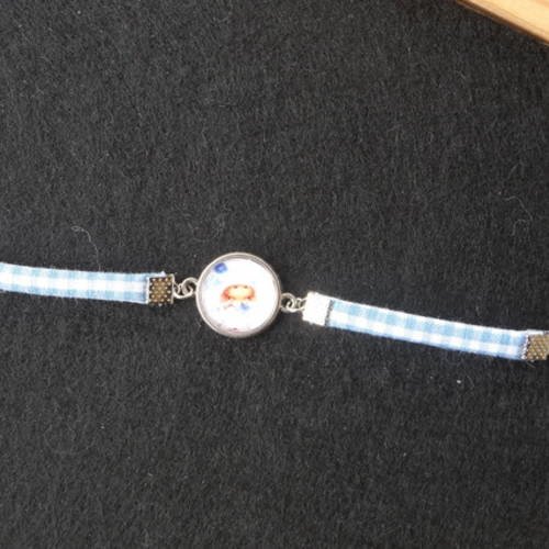 N°80 bracelet enfant cabochon 16 mm  sarah kay  tissu vichy bleu et blanc  breloque fleur 