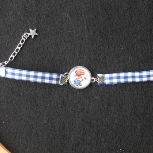 N°80 bracelet enfant cabochon 16 mm   petit garçon  tissu vichy bleu et blanc  breloque étoile 