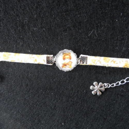 N°80 bracelet enfant cabochon 16 mm  sarah kay tissu fleuri  breloque fleur 