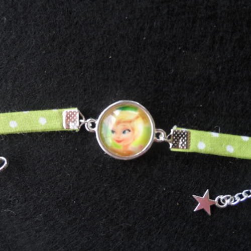 N°80 bracelet enfant cabochon 16 mm fée clochette  tissu à pois breloque étoile 