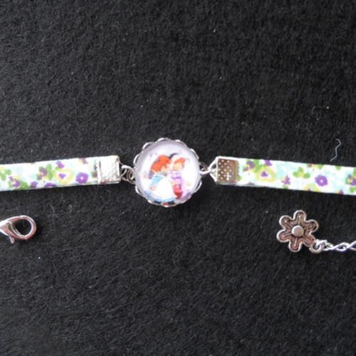N°80 bracelet enfant cabochon 16 mm couple sarah kay  tissu à fleurs breloque fleur 