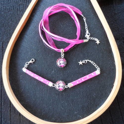 N°78 parure collier et bracelet cabochon personnage  rose et noir breloque étoile n°4