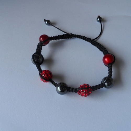 N°76 bracelet  shamballa perles strass rouge cordelette noir n°1