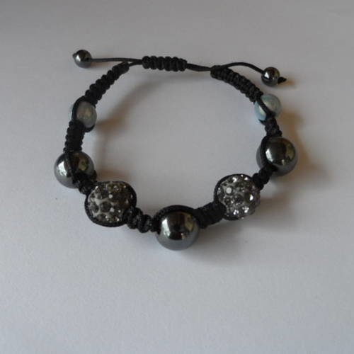 N°76 bracelet  shamballa perles strass grises cordelette noir n°3
