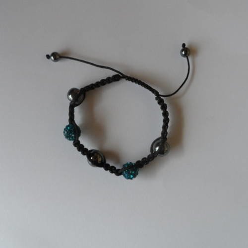 N°76 bracelet  shamballa perles strass bleues cordelette noir n°4