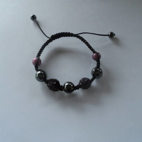 N°76 bracelet  shamballa perles strass prune mauve cordelette noir n°7