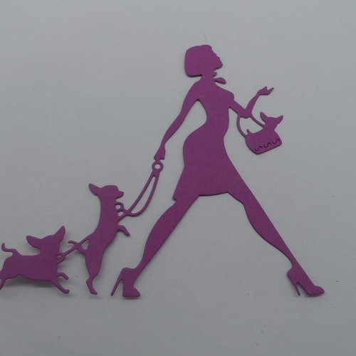 N°850  d'une femme aux trois chiens chihuahua   en papier violet  prune  découpage fin 