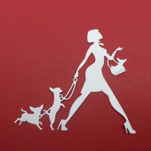 N°850  d'une femme aux trois chiens chihuahua  en papier blanc   découpage fin 
