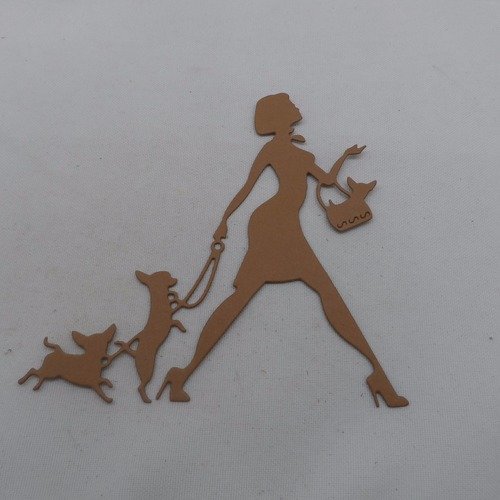 N°850  d'une femme aux trois chiens chihuahua en papier marron   découpage fin