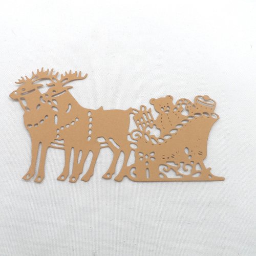 N°595 traîneau du père noël  avec deux rennes et cadeaux en papier marron n°2 découpage  fin