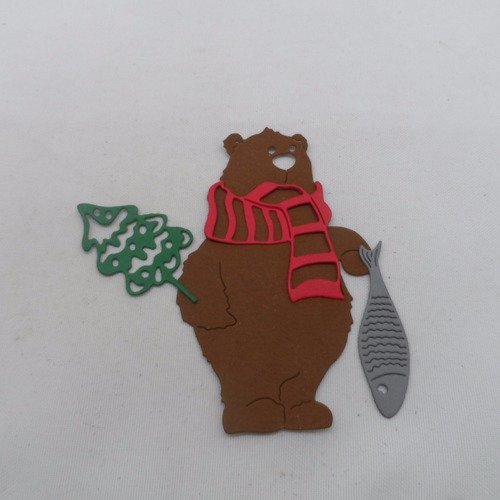 N°883  ours avec une écharpe un poisson et un sapin en papier  marron, rouge gris et vert