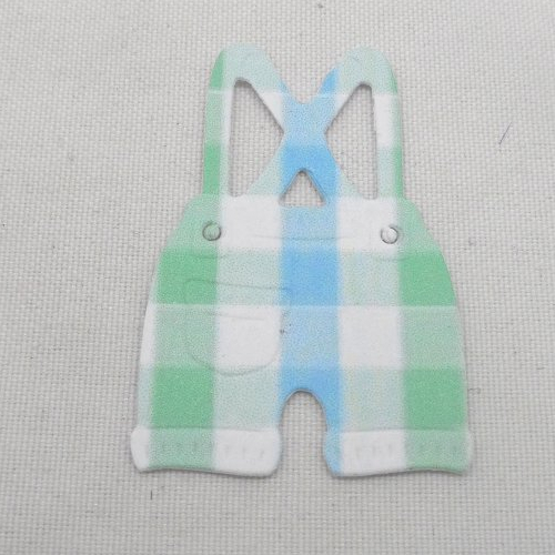 N°13 short à bretelles en papier à carreaux bleu vert et  blanc  vêtement enfant  découpage