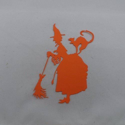 N°904 d'une sorcière sur son balai avec son chat en papier orange   découpage fin