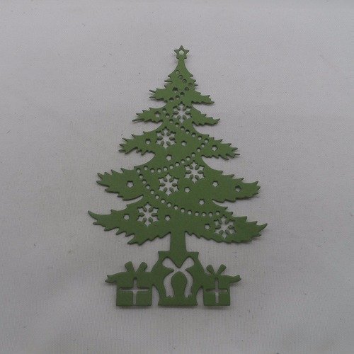 N°906 sapin de noël avec étoile  flocons de neige et cadeaux en papier  vert "kaki"  découpage  fin