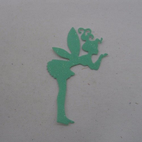 N°583 une petite "fée papillon"  qui envoi un bisou en papier tapisserie vert  à paillettes  découpage