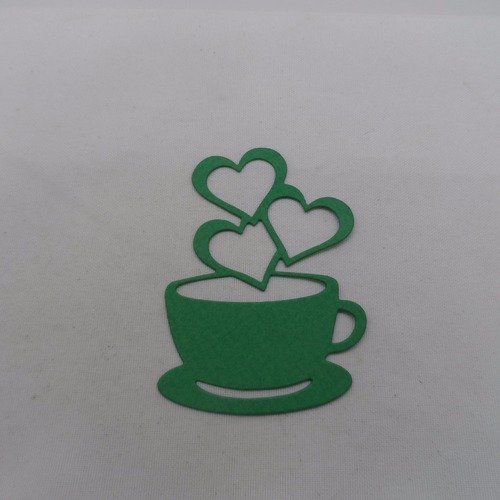 N°217 a  tasse avec "fumée"  3 cœurs en papier vert    embellissement 