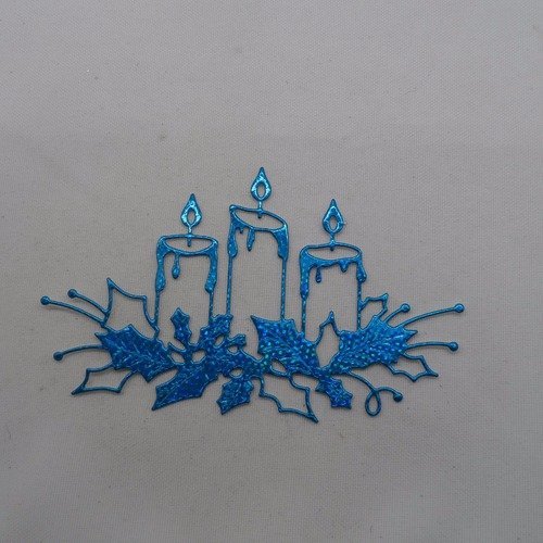 N°106 décoration de  noël  3 bougies et houx  en papier métallisé bleu  à reflet découpage  fin