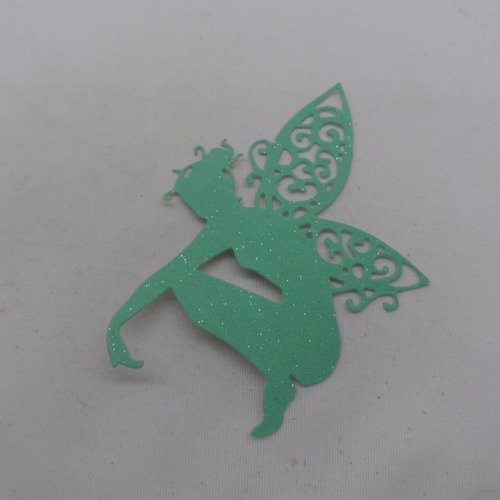 N°640 jolie fée  papillon  accroupie  en papier tapisserie vert à paillette  découpage fin
