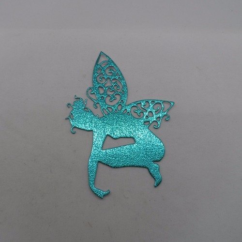 N°640 jolie fée  papillon  accroupie  en papier bleu vert métallisé   découpage fin