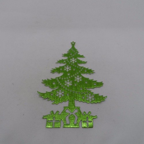 N°906 sapin de noël avec étoile  flocons de neige et cadeaux en papier  vert métallisé découpage  fin