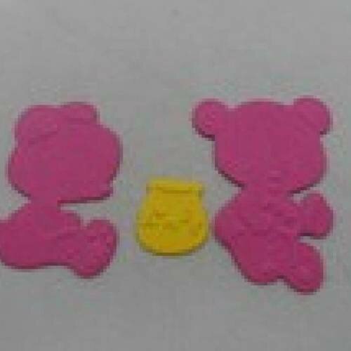 N°3 bis  de 2 oursons  en papier roses foncés  et un petit pot de miel jaune en papier  découpage et gaufrage