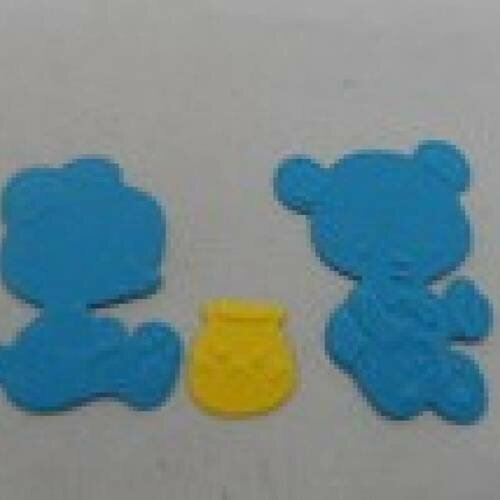 N°3 bis  de 2 oursons bleus turquoises  et un petit pot de miel jaune en papier  découpage et gaufrage