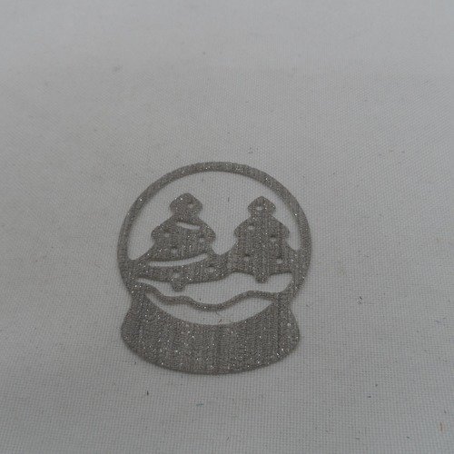 N°947 petite boule à neige avec 2 sapins  en papier tapisserie  gris   à paillette découpage  fin