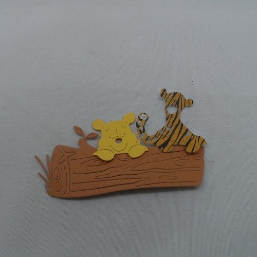 N°960 un  tronc avec 2 personnages  l' ourson et tigre  en papier marron   jaune et noir découpage  fin