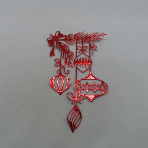 N°965 décoration de  noël 4 boules nœud et feuillage  en papier  rouge métallisé   découpage  fin