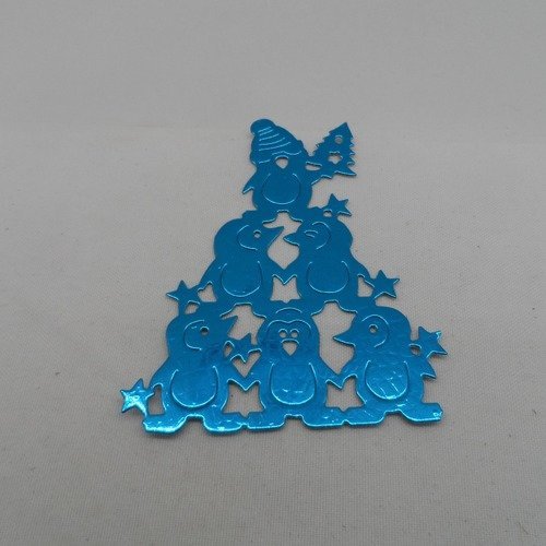 N°954 pyramide de  pingouins   en papier bleu + clair métallisé  découpage