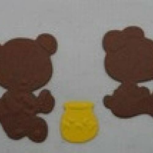 N°3 bis de 2 oursons marrons foncés et un petit pot de miel jaune en papier découpage et gaufrage