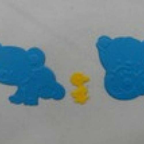 N°3 de 2 oursons bleu turquoise  et un petit canard jaune en papier découpage et gaufrage