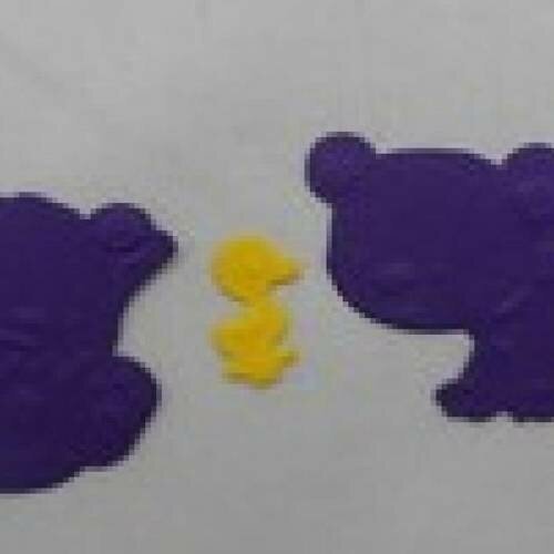 N°3 de 2 oursons violets + foncés et un petit canard jaune en papier  découpage et gaufrage