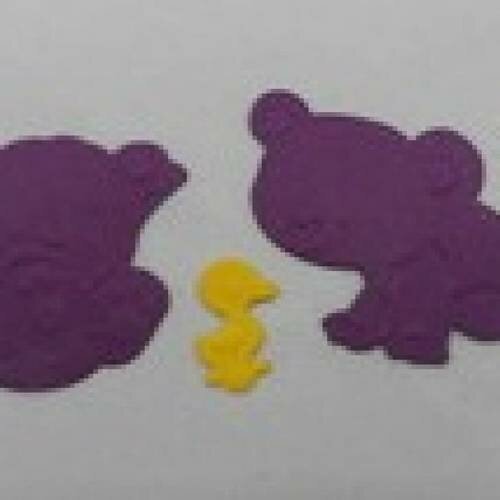 N°3 de 2 oursons violets foncés et un petit canard jaune en papier découpage et gaufrage