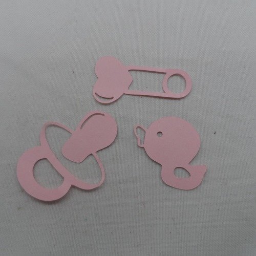 N°315 lot  de 3 objets bébé sucette épingle à nourrice jouet canard  en papier rose clair  découpage fin 