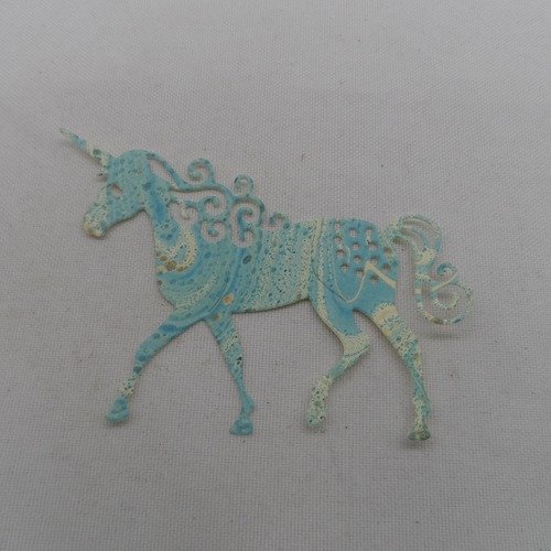 N°953 a  une belle licorne en papier nuances bleu turquoise or écru  