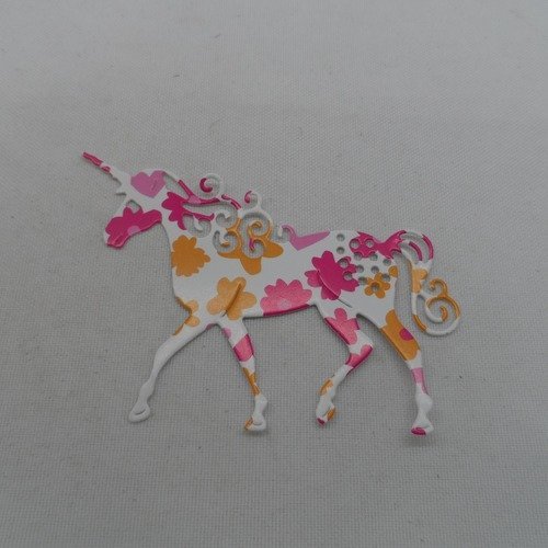 N°953 a  une belle licorne en papier fond blanc fleurs rose orange