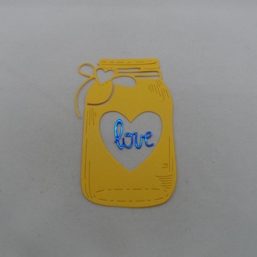 N°982 grand bocal avec cœurs évidés + mot love  en papier  jaune et bleu métallisé   découpage fin