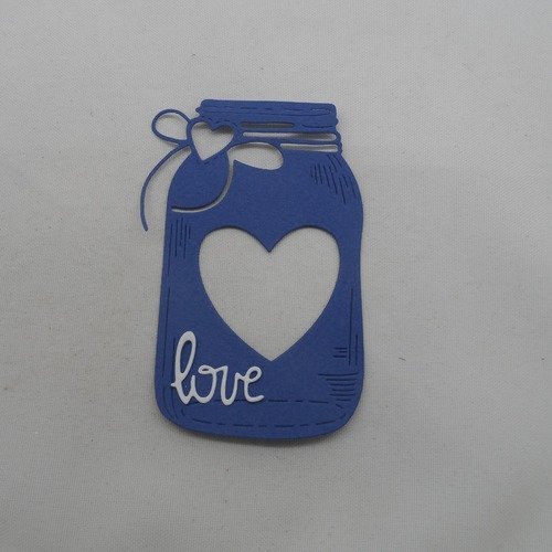 N°982 grand bocal avec cœurs évidés + mot love  en papier  bleu marine et blanc  découpage fin