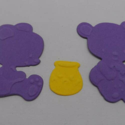 N°3 bis de 2 oursons violets et un petit pot de miel jaune en papier  découpage et gaufrage